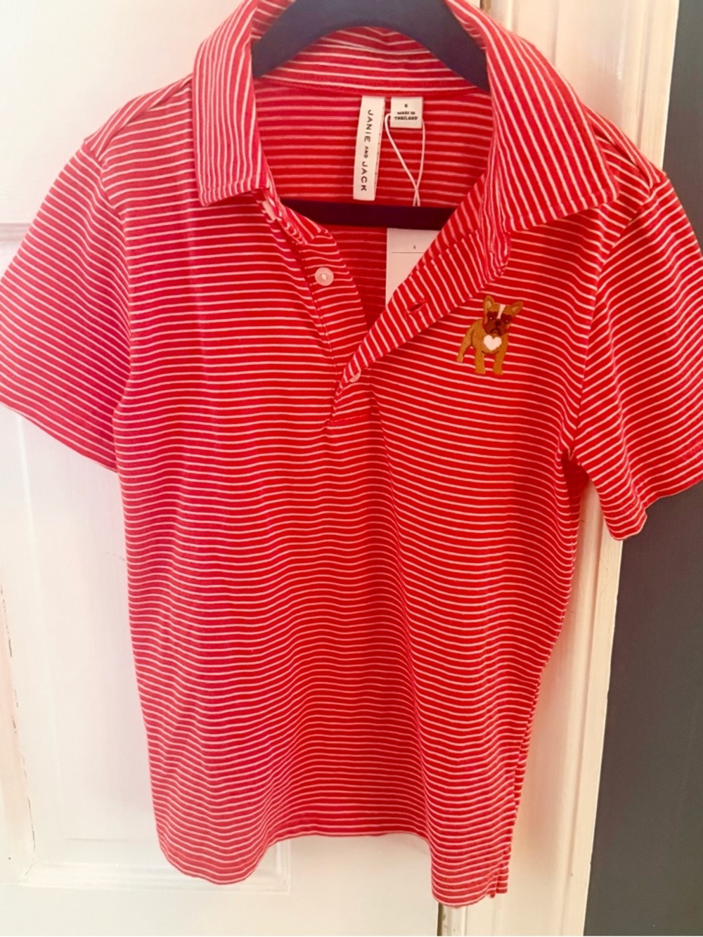 Janie and Jack Red and White Striped Polo with Embroidered Dog
